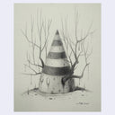 Softly rendered graphite illustration of an egg with a striped cone hat, and antler branches coming out of each side.