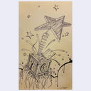 Abstract artwork with stars and mechanical elements on a beige background