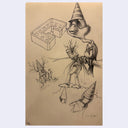 Cartoon character in a party hat interacting with a puzzle piece on brown paper.