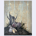 Muted color painting of a tree stump with 2 hollowed out eyes emitting a soft interior glow. In front of it is a wooden jack in the box with a striped hat peeking out and in front of that is a rock with similar hollowed lit up eyes.