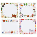 4 different memo pad sheets with illustrated borders of animals and plants.