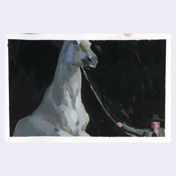 Painting based on a film still from Near Dark of a white horse being held by a small man.