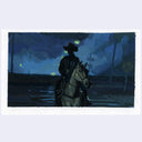 Painting based on a film still from Near Dark of a man riding on a horse in the dark.