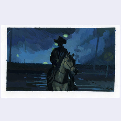 Painting based on a film still from Near Dark of a man riding on a horse in the dark.