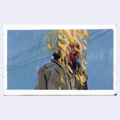 Painting based on a film still from Near Dark of a man walking, with his head on fire.