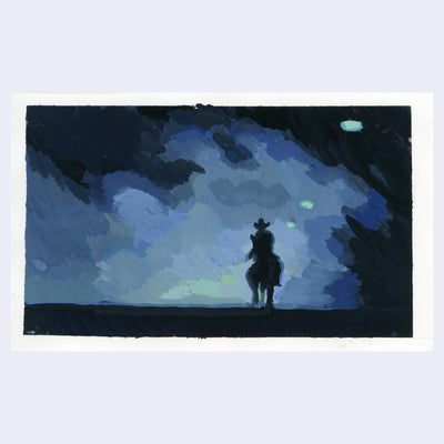 Painting based on a film still from Near Dark of a man riding a horse in darkness, aside from blue lights coming behind him.