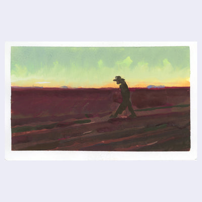 Painting based on a film still from Near Dark of a man walking at sundown on a flat outdoor setting.