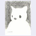 Pencil drawing of a white bear with black eyes on a light purple background