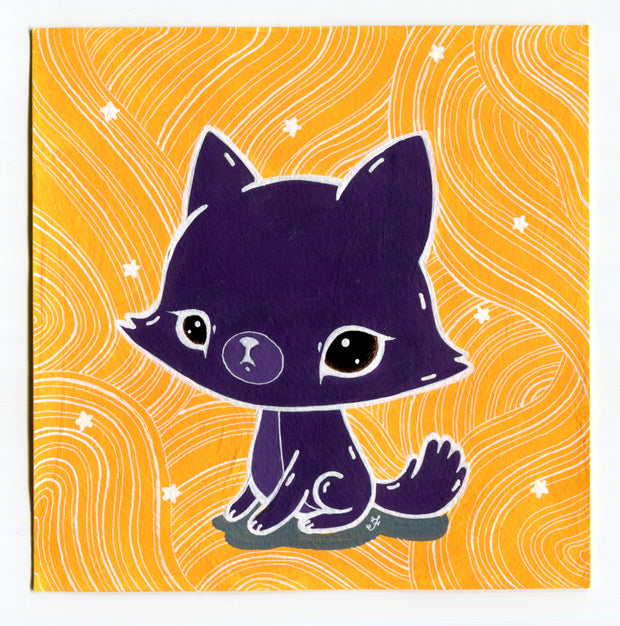 Painting of a cute deep purple cartoon cat with a large head, sitting with a serious expression. Background is light orange with thin wavy white lines and scattered small stars.