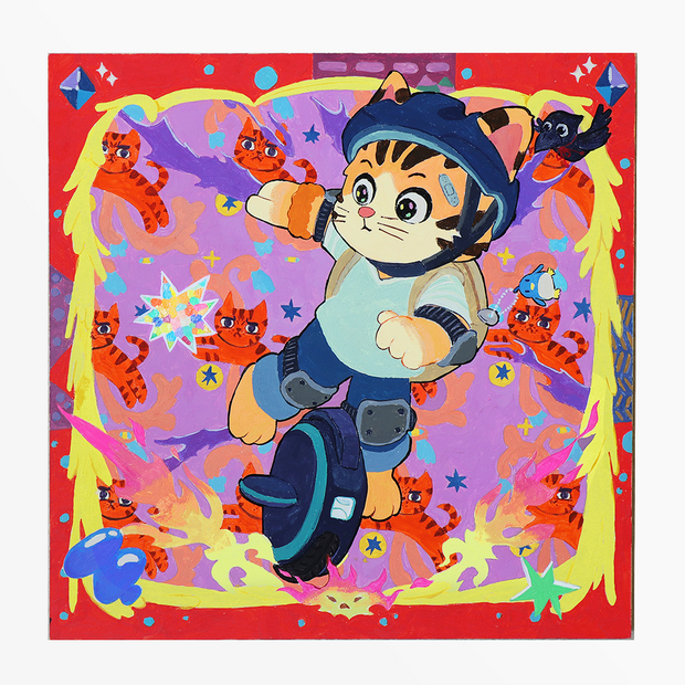 Very vibrant and colorful illustration of a orange striped cat, riding atop of a one wheel hoverboard. Background are many smaller orange cats, jumping in a pattern. A small crow rides behind the main cat.