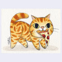 Illustration of a cartoon cat with a striped pattern, it holds a piece of pizza in its mouth.
