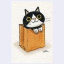 Illustration of a black and white cat peeking out from a brown paper bag on textured paper.
