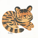 Watercolor illustration of a cartoon tiger, sleeping with a smile.