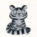 Illustration of a greyscale cartoon tiger sitting with a smile.