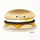 Watercolor illustration of a breakfast sandwich on an English muffin.