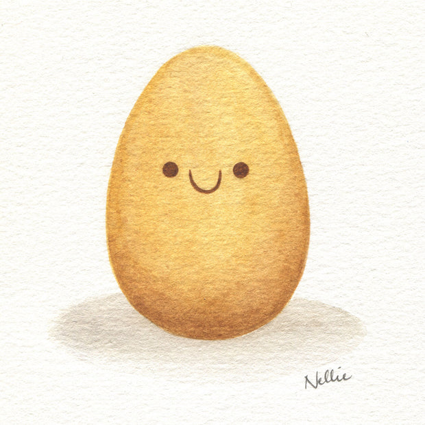 watercolor illustration of a brown egg with a cartoon smiley face.