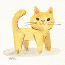 Watercolor illustration of an orange cat with a smiley face.