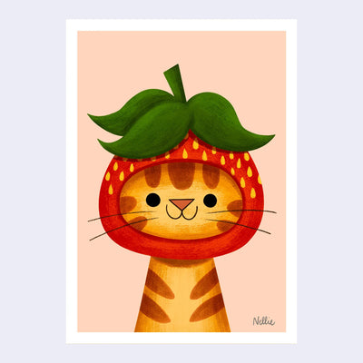 Painting of an orange cat with a strawberry hat.