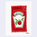 Painting of a Heinz ketchup packet with a cute, cartoon smiling tomato on the front.