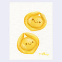 Painting of 2 pieces of tortellini pasta with cute, smiling cartoon faces.