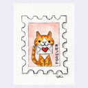 Ink drawing of a stamp, with the main graphic on it an orange cartoon cat holding a love letter in its mouth.