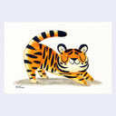 Painting of an orange tiger, stretching with its eyes closed.