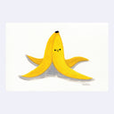 A whimsical illustration of a yellow banana peel with a small smiling face, centered on a white piece of rectangle paper
