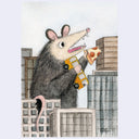 Illustration of an opossume holding a pizza and a toy bus on a cityscape background