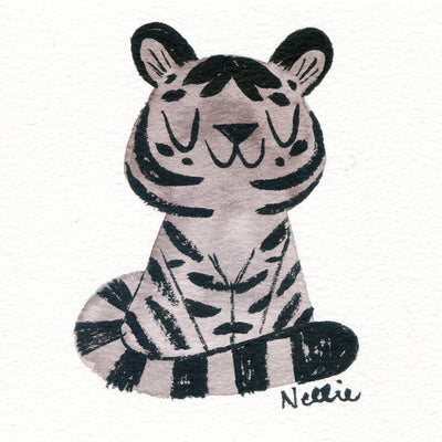 Watercolor illustration of a cartoon greyscale tiger, sitting on the ground like a house cat with its eyes closed.