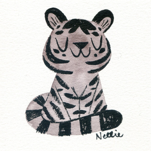 Watercolor illustration of a cartoon greyscale tiger, sitting on the ground like a house cat with its eyes closed.