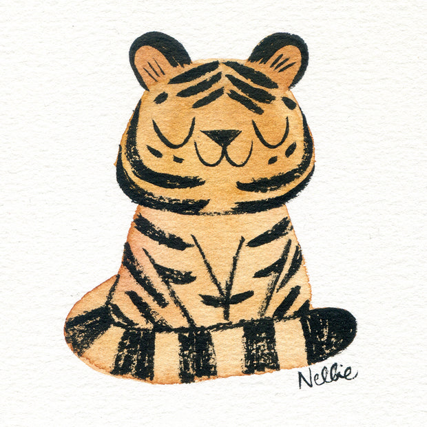 Watercolor illustration of a cartoon tiger, sitting like a house cat with its eyes closed.