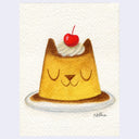 Illustration of a flan with a cat face. It has whipped cream and a cherry on top.