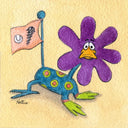 A whimsical watercolor illustration on a warm yellow background, showing a blue duck-like character with green feet and yellow spots beside a purple flower face with a yellow beak. Its tail is a flag pole, with a peach baseball screw flag on it.