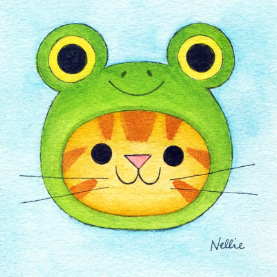 Watercolor illustration of an orange cartoon cat's head, wearing a green frog hood hat.