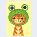 Illustration of an orange cartoon cat wearing an oversized frog head hood hat.