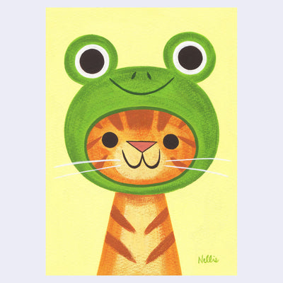 Illustration of an orange cartoon cat wearing an oversized frog head hood hat.