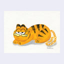 A watercolor-style illustration of Garfield the cat lying down, his body shaped into a phone with the receiver blended into his back and a curled wire for his tail.