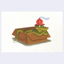 Painting of a cartoon style snake inside of a cardboard box, looking to the side suspiciously. 