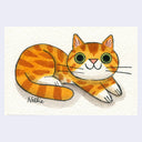 Illustration of an orange striped cartoon cat, laying down and looking up with green eyes.