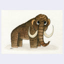 A watercolor-style illustration of a woolly mammoth with large expressive eyes, brown fur, and long white tusks on a textured off-white background.