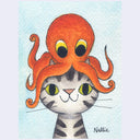 Watercolor illustration of a striped gray cat with an octopus sitting atop its head.