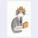 Illustration of a cat wearing a hat and tie with a briefcase on a light purple background