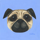 A stylized painted portrait of a pug dog's face on a solid light blue background, with the artist signature 'Nellie' in the lower right corner.