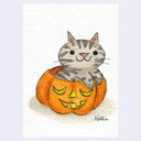 A watercolor artwork featuring a cute gray tabby cat sitting inside an orange jack-o'-lantern pumpkin, shown on a textured white paper background with a light lavender border.