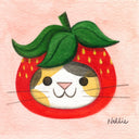 Watercolor drawing of a cartoon calico cat, wearing a strawberry hood hat.
