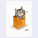 A watercolor-style illustration of a gray tabby cat peeking out from an orange paper bag, centered on a white textured background with the artist signature 'Nellie' in the lower right.