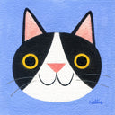 Illustration of a black and white cat face with yellow eyes on a blue background