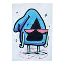 A hand-drawn cartoon illustration of a blue and purple triangular character with pink sunglasses, standing on a red pentagram circle on a white textured paper background.