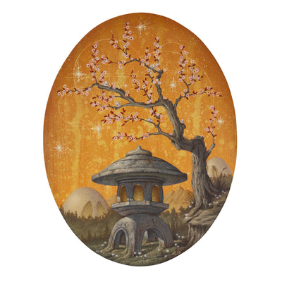 Painting on oval shaped panel of a small stone lantern under a blooming cherry blossom tree on bright orange background.