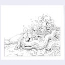 Ink illustration on white paper of a curved branch on the ground with small sprouts growing out of it.